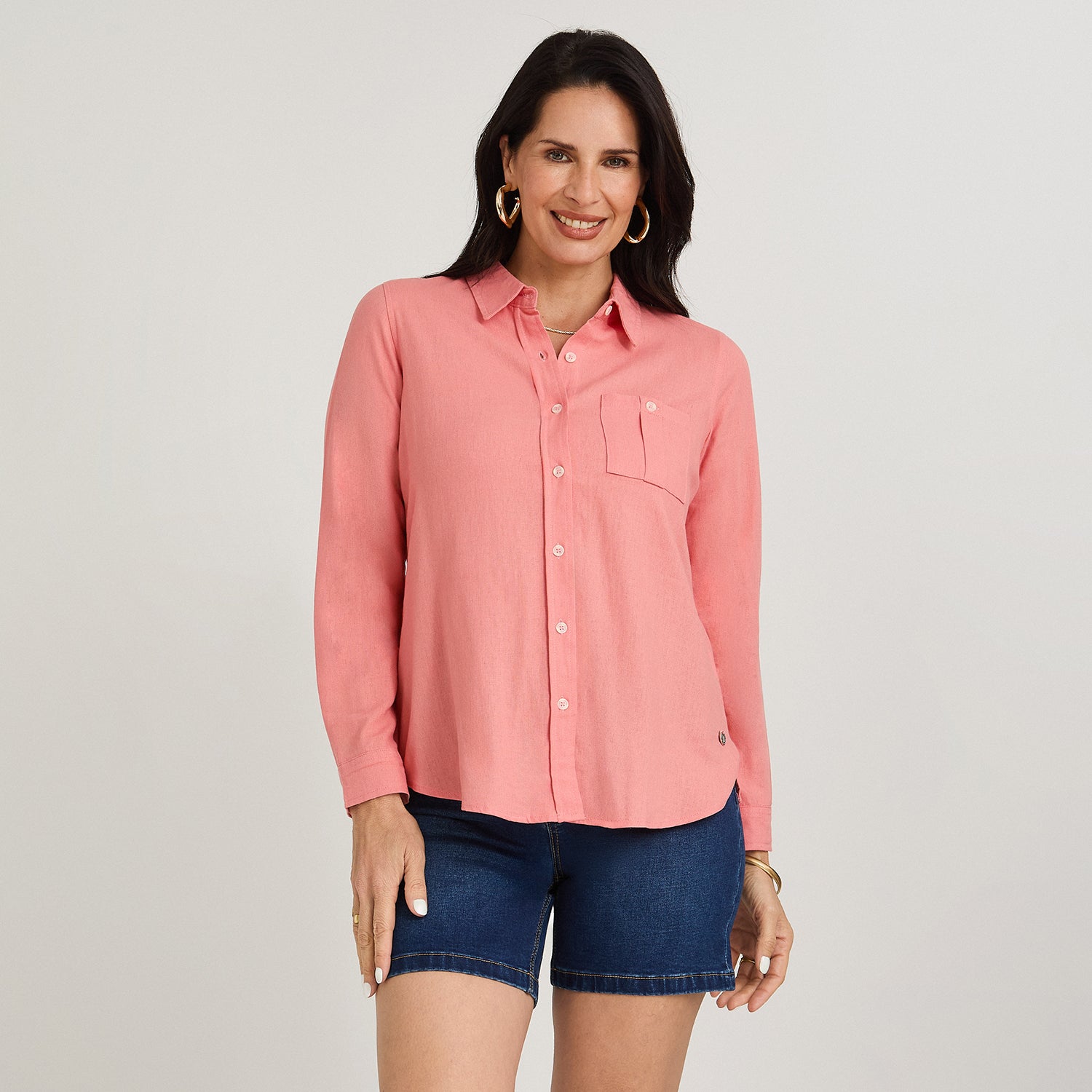 Blusa de Lino Manga Larga Abotonada Rosado